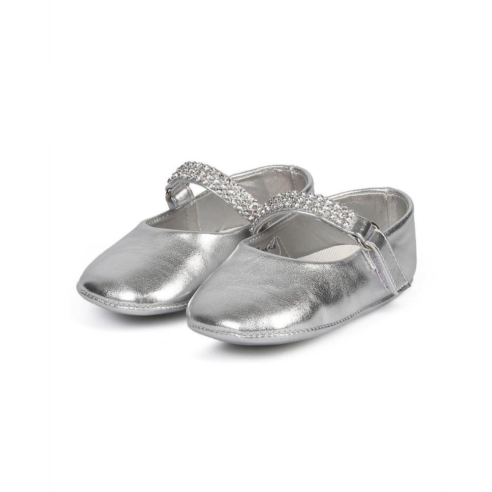 BabyGirl Metallic Rhinestone Studded hook and loop Mary Jane Flat Infant Silver